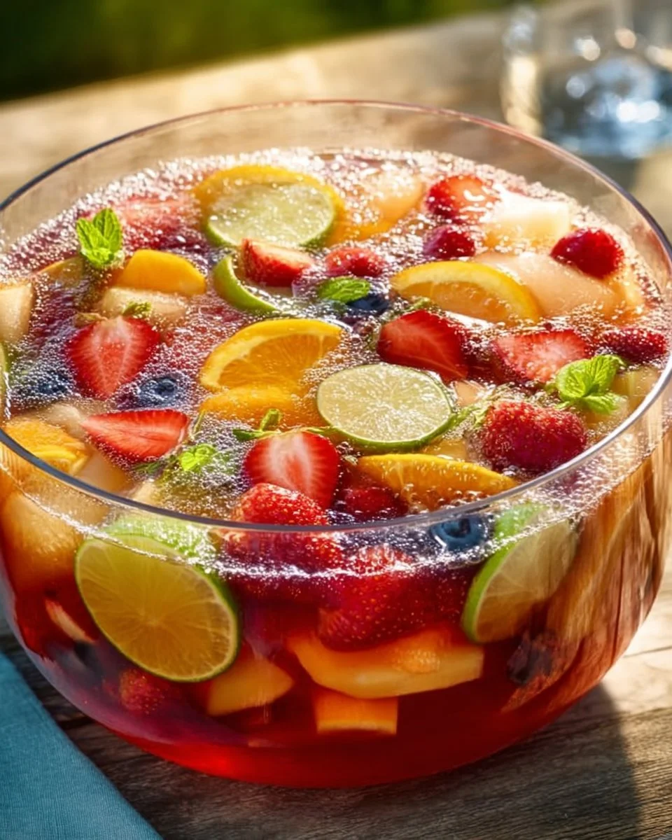 Eine bunte Schüssel mit erfrischender Bowle und Früchten