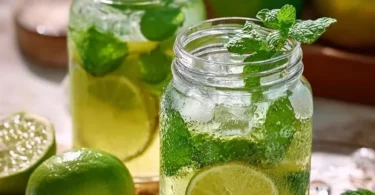 Erfrischende Limetten-Limonade in einem Glas mit Limettenscheibe und Eiswürfeln