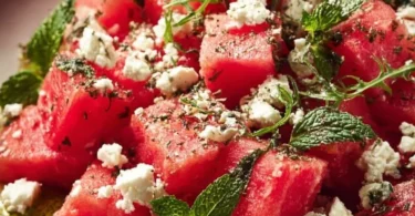 Erfrischender Wassermelonen-Feta-Sommersalat mit Minze auf einem Teller