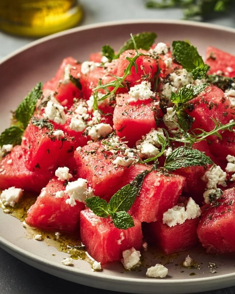 Erfrischender Wassermelonen-Feta-Sommersalat mit Minze auf einem Teller