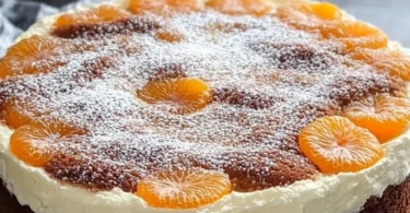 Fanta-Schmand-Kuchen mit Pudding und Mandarinchen auf einem Teller