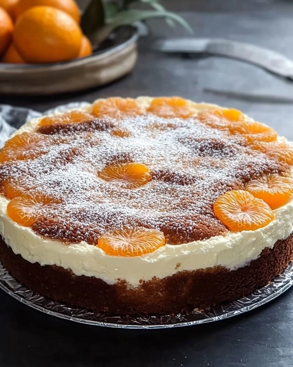 Fanta-Schmand-Kuchen mit Pudding und Mandarinchen auf einem Teller