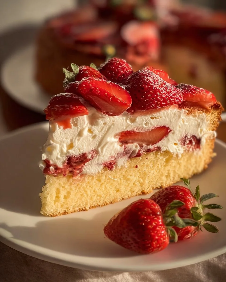 Fantakuchen mit frischen Erdbeeren auf einem Teller serviert