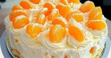 Fantakuchen mit Mandarinen und Vanillecreme auf einem Teller serviert