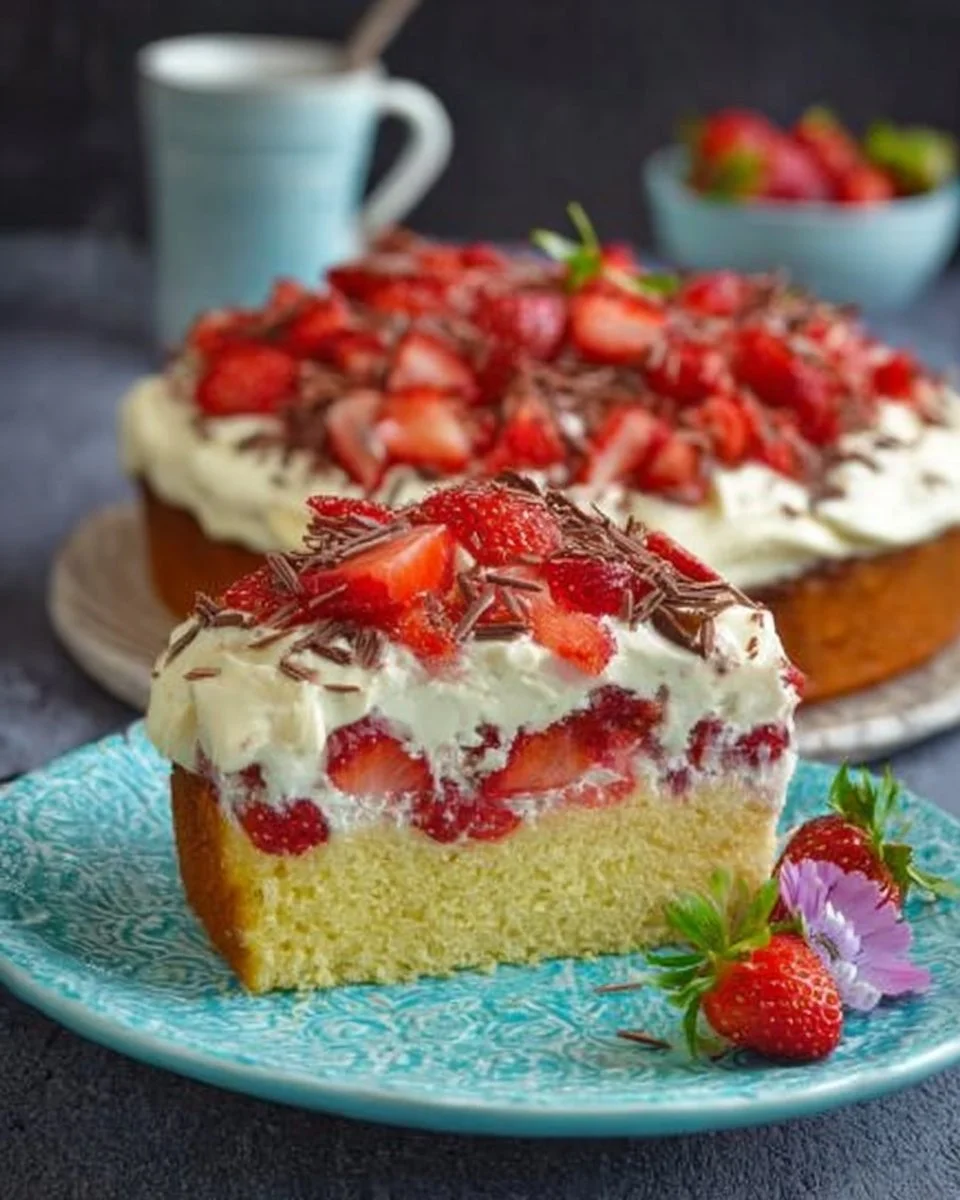Fantakuchen mit Schmand und frischen Erdbeeren auf einem Teller