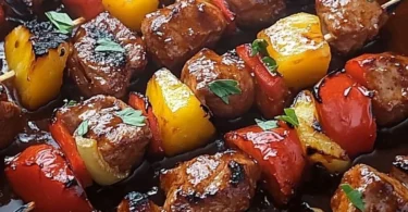 Fantastisches Schaschlik mit hausgemachter Schaschliksoße auf einem Grillteller