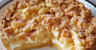 Feinster Apfelstreuselkuchen mit Quarkfüllung und Zimt auf einem Teller