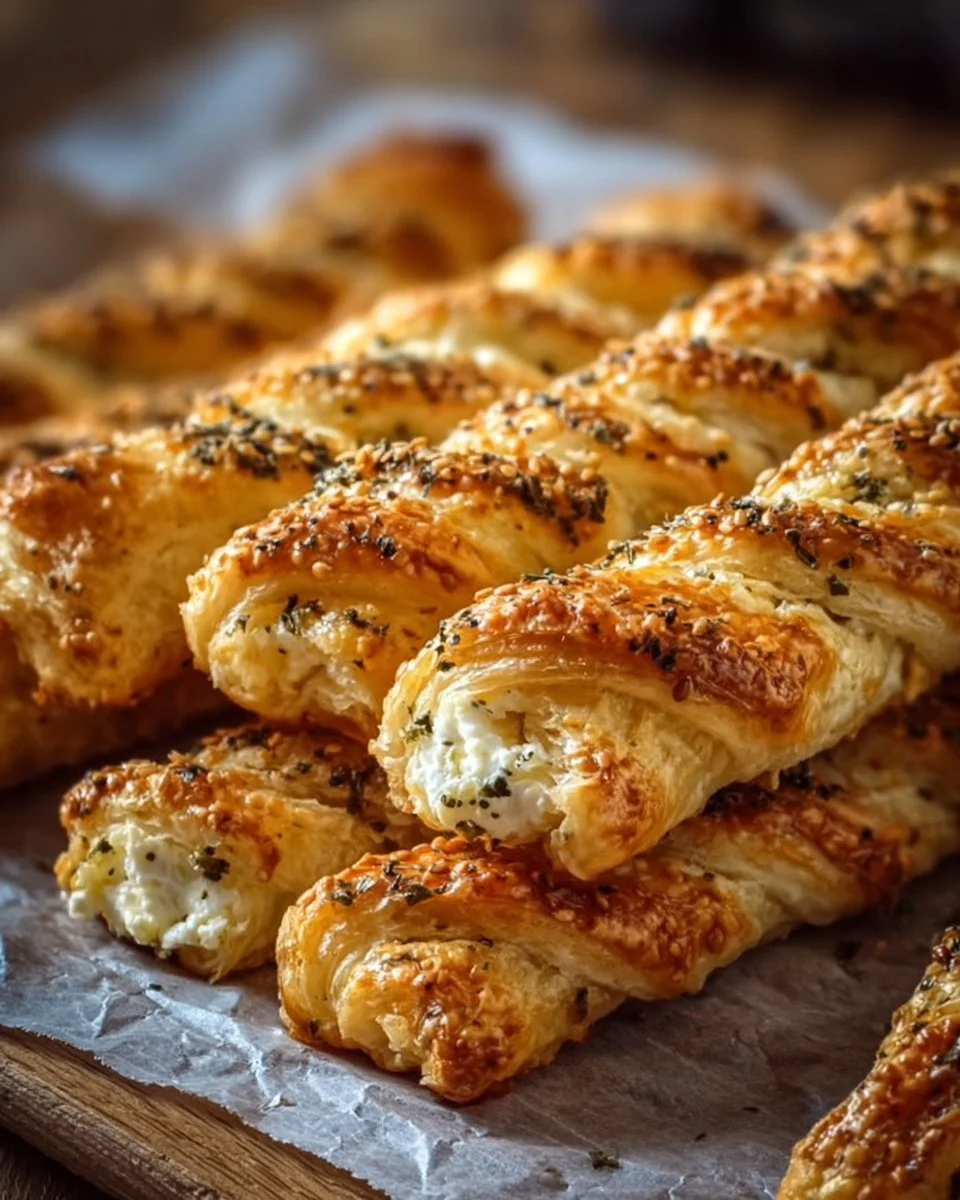 Leckere Feta Blätterteigstangen frisch gebacken auf einem Teller