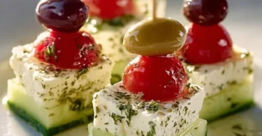 Leckere Feta Spieße mit Gurke auf einem Teller serviert