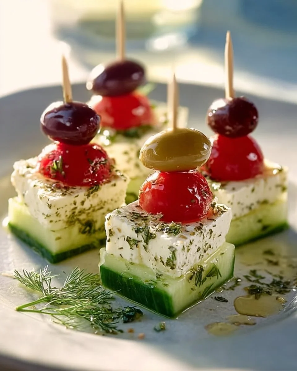 Leckere Feta Spieße mit Gurke auf einem Teller serviert