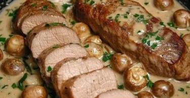 Filetpfanne mit Champignons zubereitet in einer Pfanne