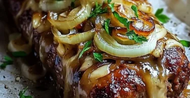 Französischer Zwiebelhackbraten auf einem Teller mit Beilagen