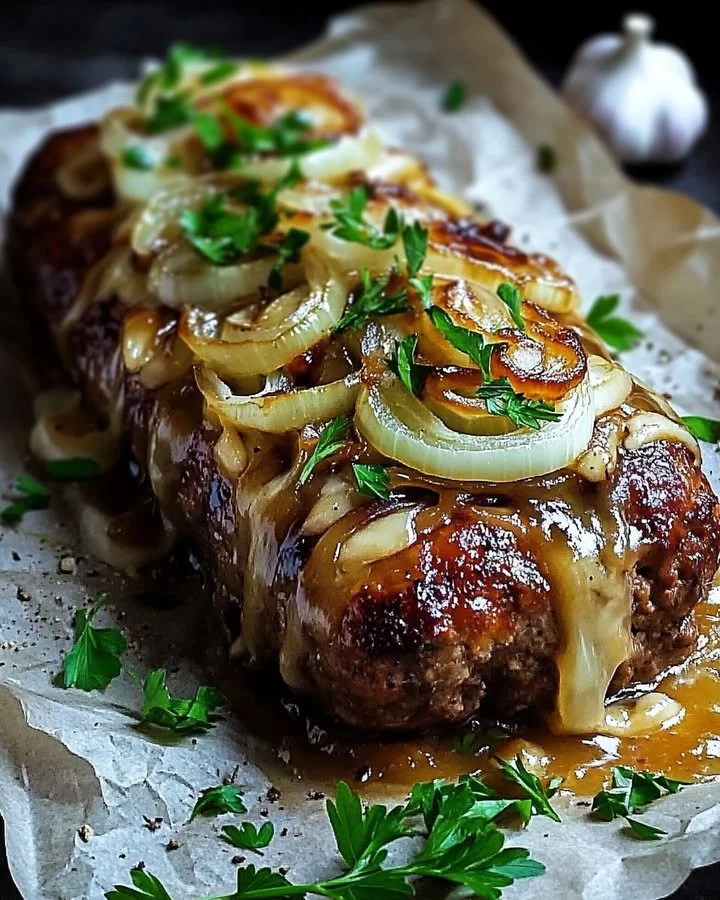 Französischer Zwiebelhackbraten auf einem Teller mit Beilagen