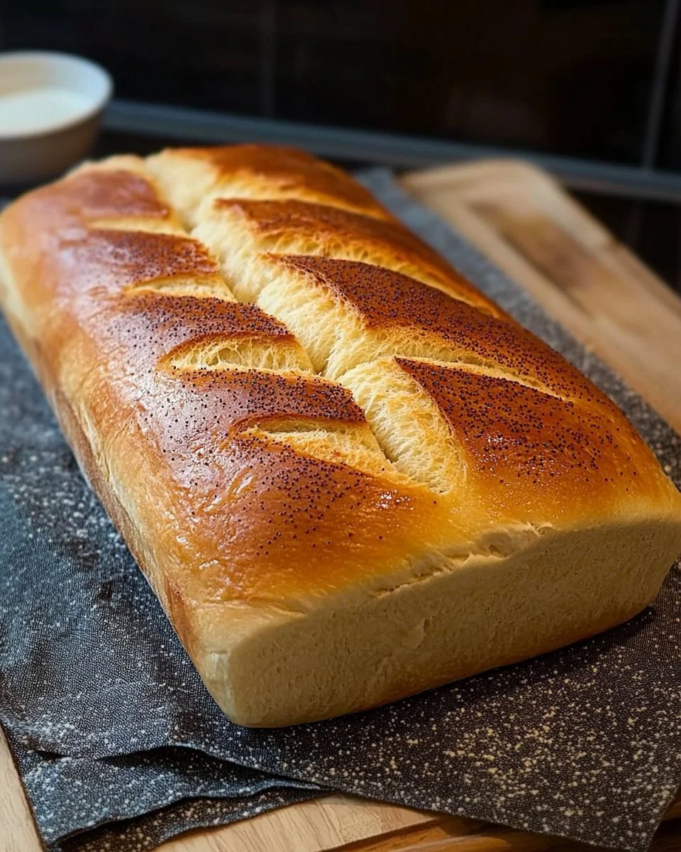 Französisches Brot mit Milch auf einem Holzbrett