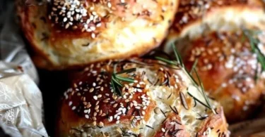 Frische Dinkelbrötchen ohne Hefe auf einem Holzbrett.