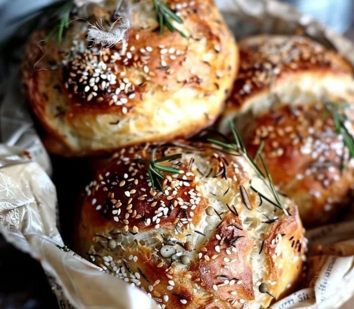 Frische Dinkelbrötchen ohne Hefe auf einem Holzbrett.