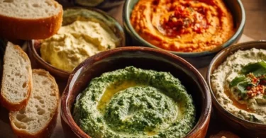 Frische Kräuter Dips in verschiedenen Schalen auf einem Tisch