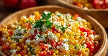 Frischer Paprika-Mais-Salat mit Feta-Dressing auf einem bunten Teller