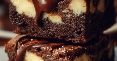 Frischkäse-Brownies auf einem Teller, appetitlich angerichtet mit Schokoladensoße