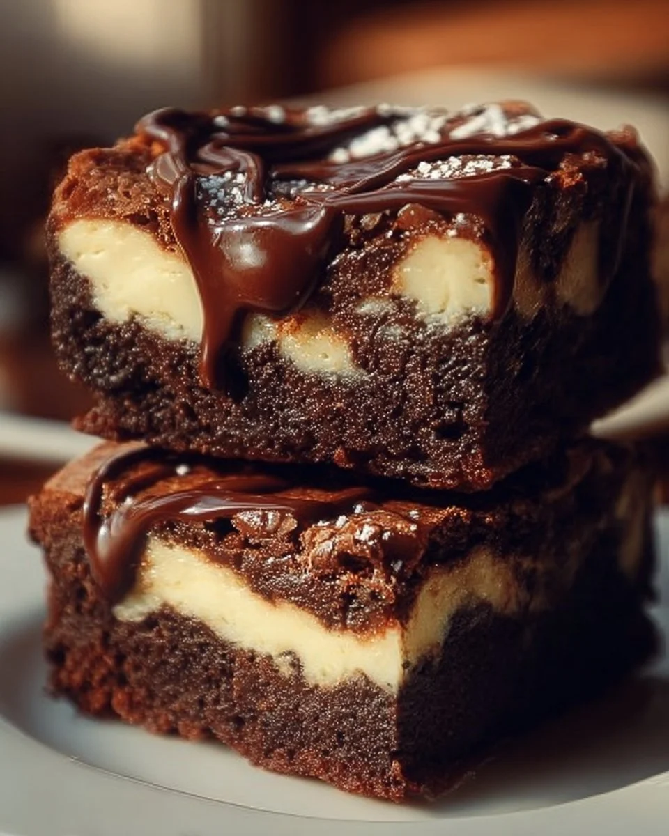 Frischkäse-Brownies auf einem Teller, appetitlich angerichtet mit Schokoladensoße