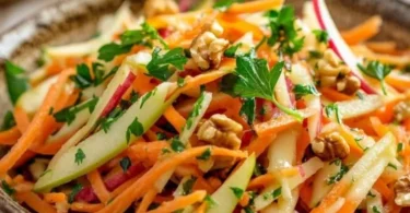 Frühlingssalat mit Kohlrabi, Möhren und Apfel auf einem Teller angerichtet