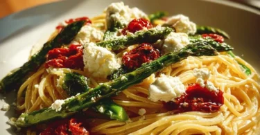 Spargel Pasta mit Ricotta und Kirschtomaten auf einem Teller serviert.