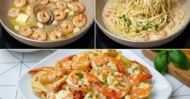 Garnelen-Spaghetti in cremiger Knoblauch-Frischkäsesauce auf einem Teller