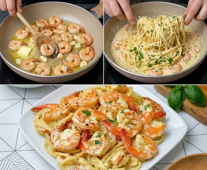 Garnelen-Spaghetti in cremiger Knoblauch-Frischkäsesauce