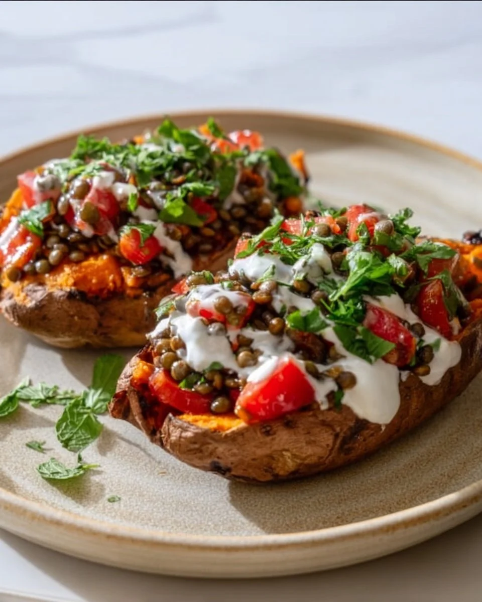 Gebackene Süßkartoffeln mit einem bunten Linsen-Salat serviert