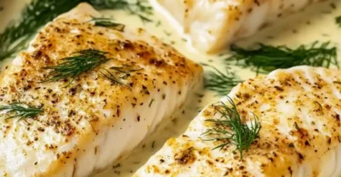 Gebackener Fisch mit Zitronen-Cremesauce auf einem Teller serviert