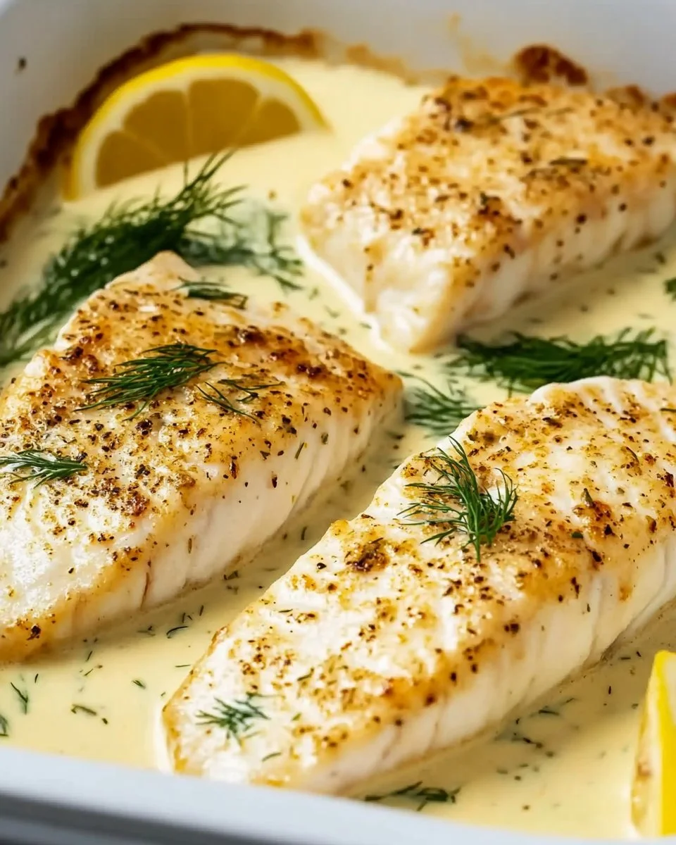 Gebackener Fisch mit Zitronen-Cremesauce auf einem Teller serviert