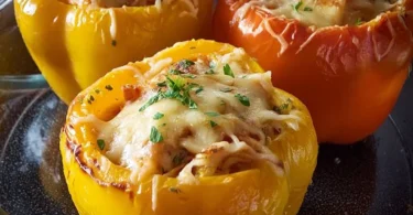 Gefüllte Paprika mit Hüttenkäse auf einem Teller serviert