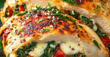 Gefülltes Hähnchen mit gerösteter Paprika, Spinat und Mozzarella auf einem Teller