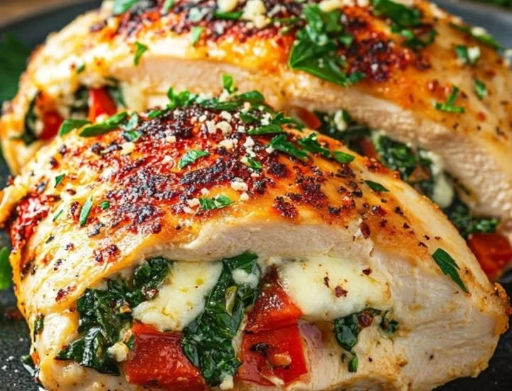 Gefülltes Hähnchen mit gerösteter Paprika, Spinat und Mozzarella auf einem Teller