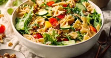 Gesunder Nudelsalat mit Joghurtdressing in einer Schüssel