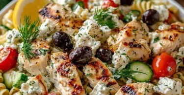 Leckerer Hähnchen-Tzatziki-Pasta-Salat mit frischen Zutaten