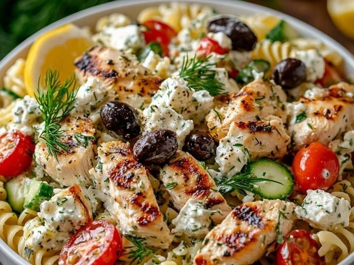 Leckerer Hähnchen-Tzatziki-Pasta-Salat mit frischen Zutaten