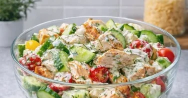 Leckerer Griechischer Hähnchen-Tzatziki-Salat mit frischem Gemüse und Kräutern