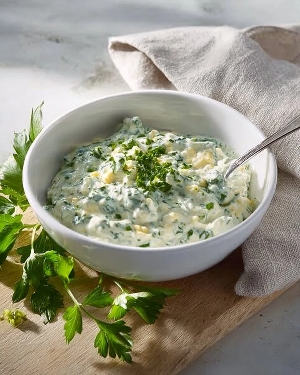 Hausgemachte Frankfurter Grüne Soße in einer Schüssel mit frischen Kräutern