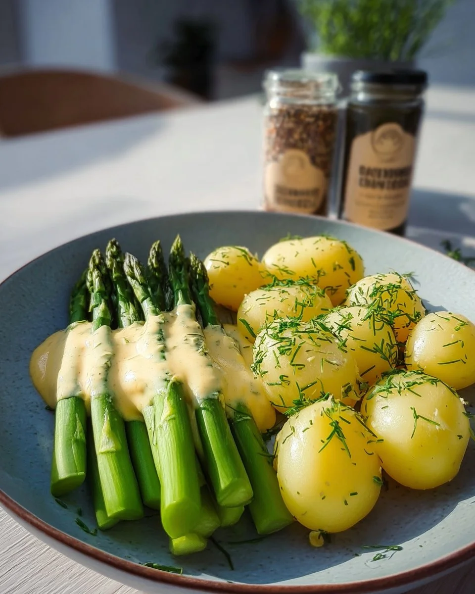 Grüner Spargel mit Hollandaise und Kartoffeln auf einem Teller angerichtet
