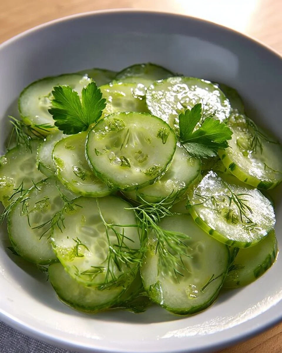 Gurkensalat mit Essig und Öl in einer Schüssel