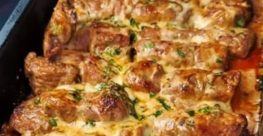 Ofen-Gyros mit Metaxasauce serviert auf einem Teller