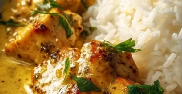 Hähnchen in Honig-Senf-Sauce auf einem Teller serviert.