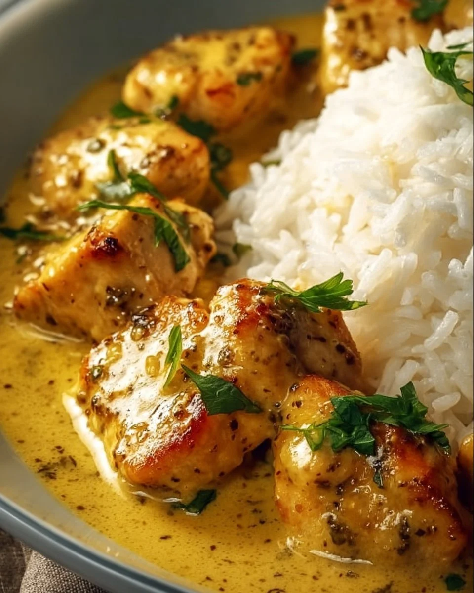 Hähnchen in Honig-Senf-Sauce auf einem Teller serviert.