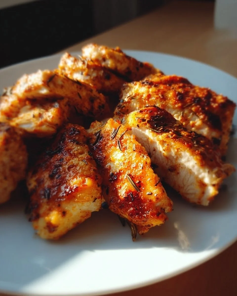Knusprige Hähnchenbrust aus dem Airfryer auf einem Teller serviert