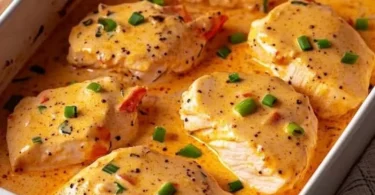 Hähnchenbrust in cremiger Frischkäse-Soße auf einem Teller serviert