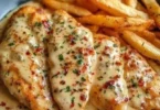 Hähnchenfilet mit Pommes Frites und cremiger Knoblauchsauce auf dem Teller