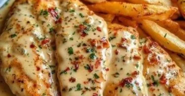 Hähnchenfilet mit Pommes Frites und cremiger Knoblauchsauce auf dem Teller