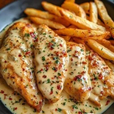 Hähnchenfilet mit Pommes Frites und cremiger Knoblauchsauce auf dem Teller