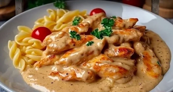 Hähnchenstreifen mit Nudeln in Sahnesauce